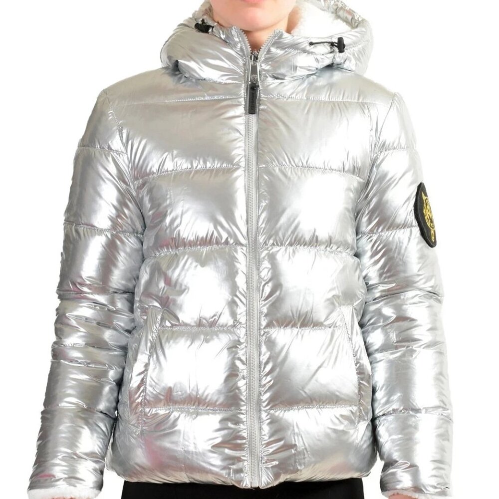 Plein Sport Women's Silver Reversible Sherpa Logo Print Parka Jacket US S IT 40